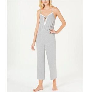 Alfani Lace-Up Knit Pajama Jumpsuit Grey Heather